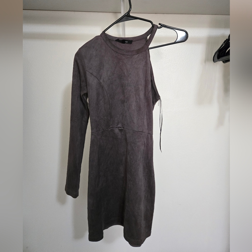 Olivaceous Charcoal Asymmetrical Long One Sleeve Suede Dress